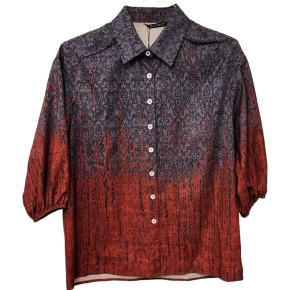 COZY 3/4 Wide Sleeve‎ Button Up Blouse Boho Blue Orange Womens Small NEW NWT - Picture 1 of 16